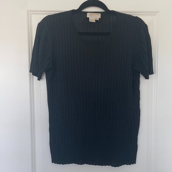 Vintage Pastille Black Silk Blend Ribbed Knit Top – Round Neck, Women’s Size M - Picture 2 of 6